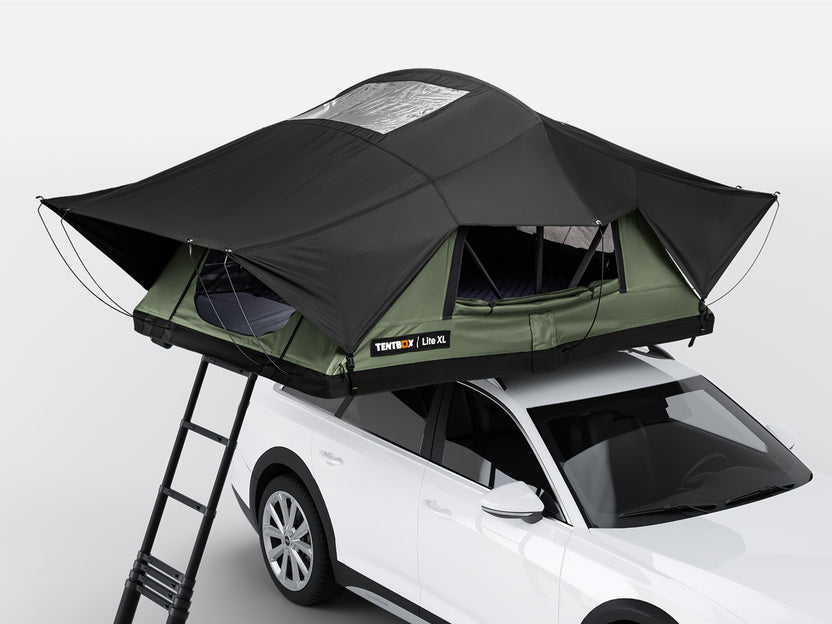 The new Forest colour option of the TentBox Lite XL on the roof of a white vehicle
