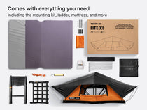 A flat lay showing everything included with the TentBox Lite XL roof tent - including mounting kit, ladder, mattress and more. 