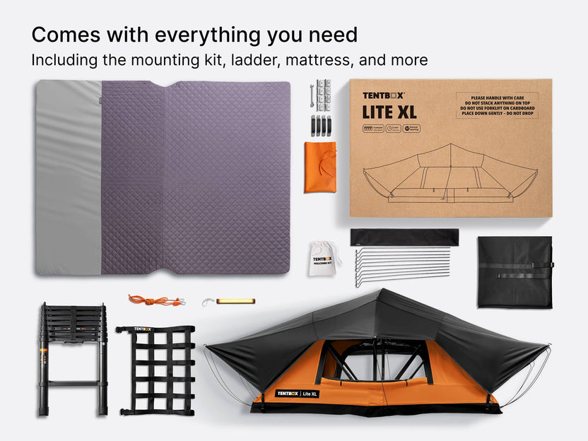 A flat lay showing everything included with the TentBox Lite XL roof tent - including mounting kit, ladder, mattress and more. 
