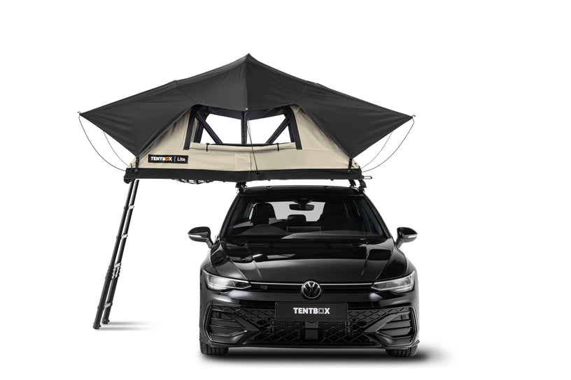 front facing image showing a TentBox clay roof tent in the limited edition Clay colour, on a black Volkswagen car.