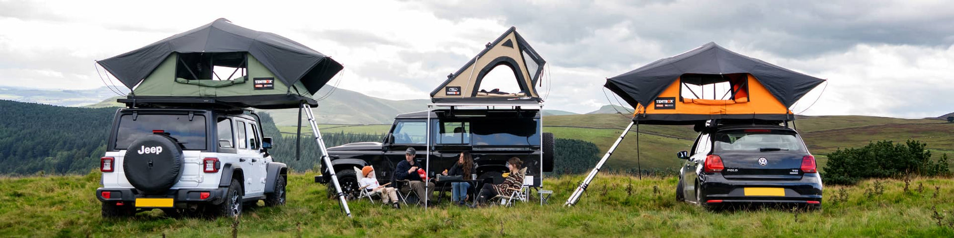 Family enjoying a TentBox adventure in the mountains with the TentBox Lite XL, TentBox Cargo 2.0 and TentBox Lite 2.0